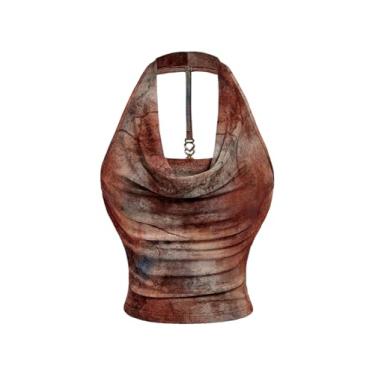 Imagem de Milumia Regata feminina tie dye gola drapeada malha frente única franzida slim justa verão, Multicor, XP