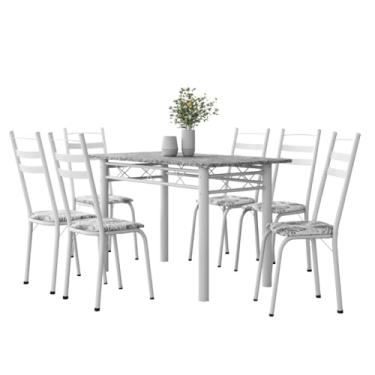 Imagem de Conjunto De Mesa Sala de Jantar Leia Com 6 Cadeiras Tubular Granito 1,40m Branco Floral