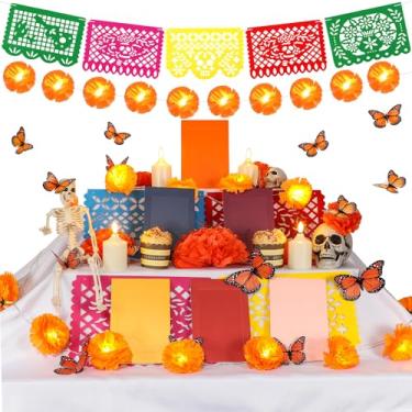 Imagem de Norme O kit de decoração de altar do Dia dos Mortos inclui 2 guirlandas de calêndula de LED, 6 molduras para fotos, 40 flores de papel de seda, 18 borboletas, 1 faixa para Dia dos Mortos Dia de
