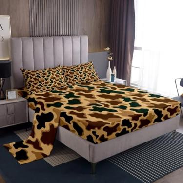 Imagem de Feelyou Jogo de lençol casal, camuflado, estilo militar, para crianças, mulheres, homens, com bolso alto, tema de caça, para decoração de quarto