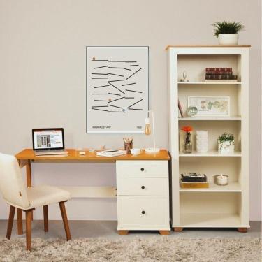 Imagem de Conjunto Home Office 1 Mesa 150cm 3 Gavetas 1 Estante para Livros Ananda Cabecasa Madeiramadeira Off White/Mel