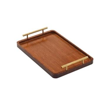 Imagem de Bandejas de servir de bambu e madeira, prato de jantar doméstico retangular, bandeja de madeira para frutas, bandeja de chá de hotel com alça, bandeja decorativa