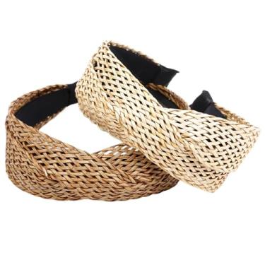Imagem de Bandanas de palha, faixas de cabelo largas para mulheres, 2 peças de cabeça trançada boho bege e café fácil de combinar para uso diário, fotografia, praia, viagens