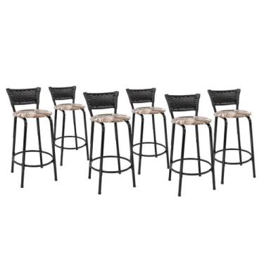 Imagem de Kit 6 Banquetas Para Bancada 60cm Preta Junco Preto Balcão Ilha Bistrô