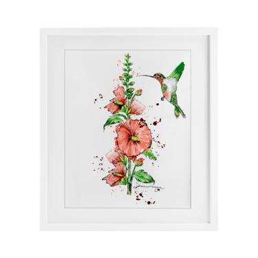 Imagem de Stupell Industries Impressão emoldurada branca beija-flor e hollyhock design sob vidro por Susan Lugar, 21 x 17