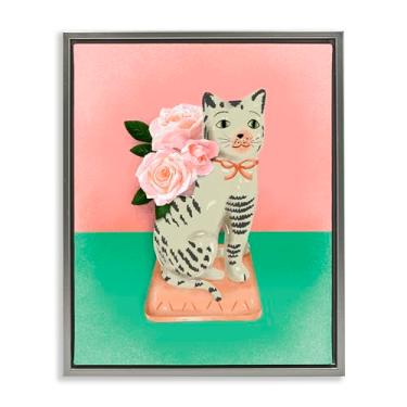 Imagem de Stupell Industries Escultura vintage de gato rosa e verde cinza moldura tela flutuante arte design de parede por Jilly Jack Designs, 21 x 17