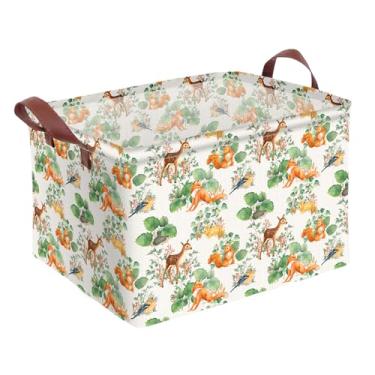Imagem de Cesta de armazenamento de animais da floresta, decoração de floresta, impermeável, cesto de armazenamento de brinquedos, cesta dobrável ao ar livre com alças de couro, cestas de cobertor para