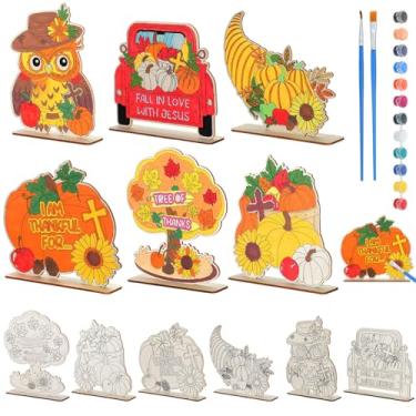 Imagem de Colingmill 24 Sets Fall Crafts for Kids Color Your Own Wooden Fall Table Decorations DIY Pumpkin Car Owl Wood Tabletop Decor Autumn Thanksgiving Wood Plaque Crafts for Autumn Party Supplies