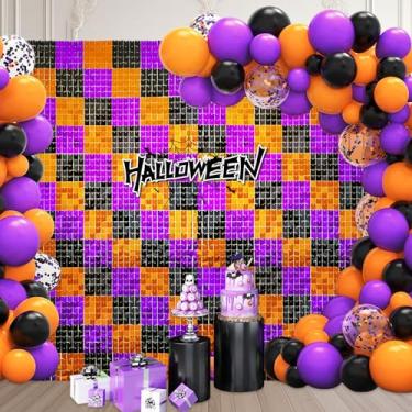 Imagem de 24 peças de fundo de parede preto laranja roxo brilhante, painel de fundo de fotos de lantejoulas quadradas de Halloween, fundo de parede com glitter para aniversários, casamentos, decoração de festa