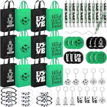 Imagem de Yoojahow 60 peças de lembrancinhas de festa de futebol 35 x 29 cm grandes sacos de presente de futebol com alça chaveiros de acrílico pulseiras, alfinetes e canetas para decoração de festa temática