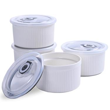 Imagem de Ramequins com tampas seguro para forno, creme brulee ramekin de 400 ml com tampas, pequenos pratos de ramequins de porcelana para assar, suflê, molho de sobremesa, conjunto de 4, branco (11,4 cm)