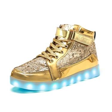 Imagem de IGxx Tênis de cano alto com luz LED – Recarregável, Brilhante, Piscando Sapatos para Homens, Mulheres e Crianças, Glitter dourado, 8.5 Women/7.5 Men