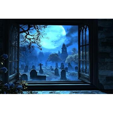 Imagem de AMAZING WALL Adesivo de parede falso cemitério cemitério assombrado 3D com lua cheia e vista gótica – Descasque e cole decoração de Halloween para casa, porta, parede, 81 x 122 cm/2 peças