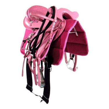 Imagem de Sela Australiana De Cabeça Rosa Inox Luxo 16 Polegadas + Acessórios - 