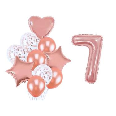 Imagem de Buque 10 Balões  Coração Estrela e 1 Número Metalizado Rose Gold 70cm 
