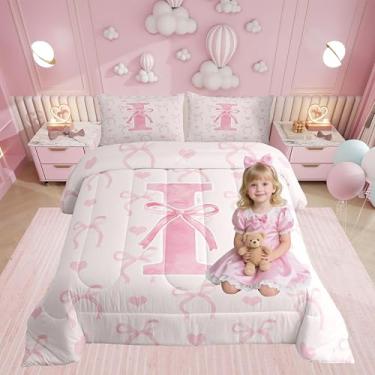 Imagem de Erosebridal Conjunto de cama com estampa I, tamanho solteiro, para meninas e adolescentes, estético, coquete com laço, rosa, fofo, coração, alfabeto, leve, decoração de quarto, princesa, edredom