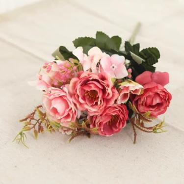 Imagem de Buquê de flores artificiais de seda com peônias, flores falsas para decoração de casa, faça você mesmo, acessórios para scrapbook de casamento, arranjo para festas internas (rosa vermelha)