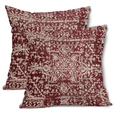 Imagem de Fronhas bordô vermelho boho 45,7 x 45,7 cm decorativas quadradas bege cinza marrom marrom padrão de carpete boêmio capas de almofada étnica casa de fazenda decoração de casa para sofá sofá ao ar livre