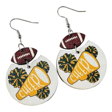 Imagem de Brincos de gota retrô de madeira de futebol americano, megafone, rugby, dia de jogo, joia de líder de torcida para fãs de esportes, Madeira, madeira