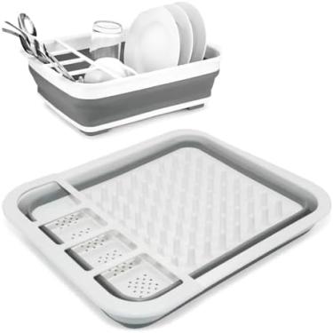 Imagem de Escorredor de Louças Retrátil de Silicone Dobrável Compacto Resistente p/Pratos Talheres Copos Ideal Cozinhas Pequenas Cinza e Branco
