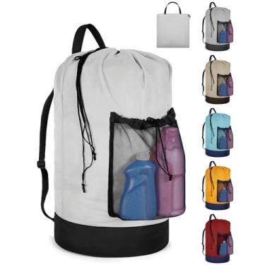 Imagem de Bolsa de lavanderia com alças de ombro e bolso de malha, grande cesto de roupa suja portátil para lavanderia universitária e apartamento