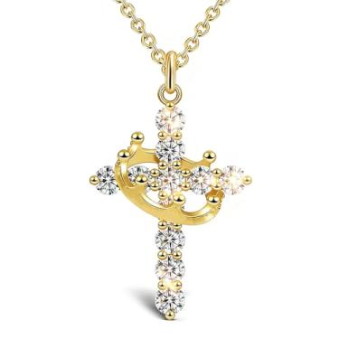 Imagem de Poevic Colar de cruz grande com coroa rotativa para mulheres, ouro 14 k, zircônia cúbica, pingente de cruz, presente de Páscoa, fé cristã, Middle, Aço inoxidável, Zircônia cúbica