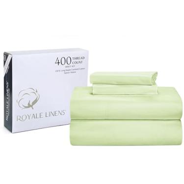 Imagem de ROYALE LINENS Jogo de lençol completo de cetim de 400 fios, 100% algodão cultivado nos EUA, 1 lençol de cima, 2 fronhas - conjunto de lençol verde - lençóis de algodão refrescante - (casal, sálvia