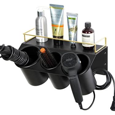 Imagem de J JACKCUBE DESIGN Suporte para secador de cabelo, montagem na parede, banheiro, acessórios de ferramentas de cuidados com cabelo, 3 xícaras, organizador de armazenamento, com prateleira, aço, preto