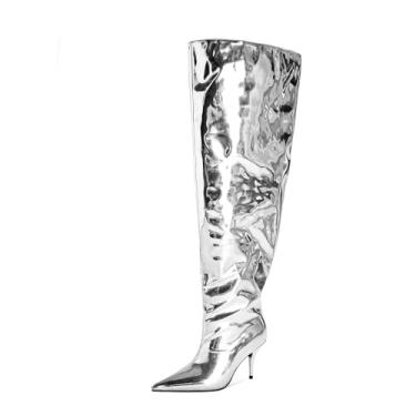 Imagem de CAGLGLZ Botas femininas de salto alto na panturrilha larga e cano alto, bico fino, preto, salto alto feminino, Prata, 34