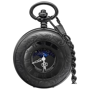 Imagem de Relógio de bolso vintage com escala de números romanos, calendário de fases da lua, quartzo, relógio de bolso com corrente, melhor presente, SH1002-preto, todos os dias