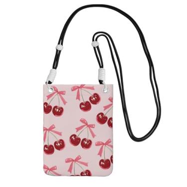 Imagem de LILYDIARY Bolsa transversal para celular para meninas e mulheres, alça preta, material de poliéster, alça de ombro ajustável e destacável laço de fita rosa vermelho cereja padrão colorido