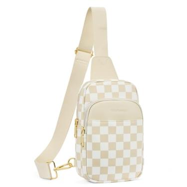 Imagem de BOSTANTEN Bolsa tiracolo acolchoada para mulheres, bolsa transversal de couro, com alça ajustável para guitarra, A xadrez bege, Medium to Large, Xadrez