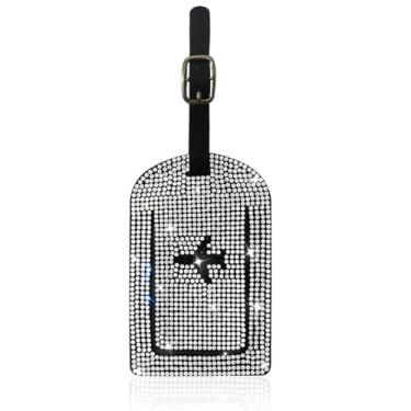 Imagem de MINGZAIQIPEI Etiqueta de bagagem com strass de cristal brilhante – Etiqueta de bagagem de diamante brilhante para bolsa, bolsa escolar, mala, instrumento, Branco, 13.5*9.4cm, 1