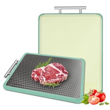 Imagem de Tábuas de corte de aço inoxidável para cozinha, tábua de corte dupla face para carne, tábuas de corte de aço com palha de trigo PP, tábua grande antiderrapante para frutas, vegetais com alça/sulco de