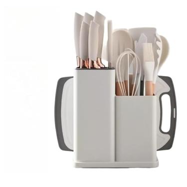Imagem de Conjunto de Utensílios de Silicone com Cabo de Madeira e Kit de Facas com Tábua 19peças(Branco)