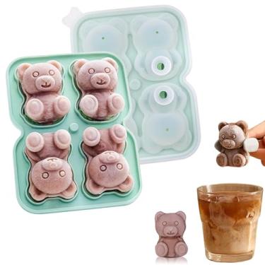 Imagem de Molde de cubo de gelo 3D de urso, bandeja de gelo de silicone verde com tampa para coquetel, uísque bourbon, bandejas grandes de cubos de gelo para freezer, moldes de cubos de gelo reutilizáveis de