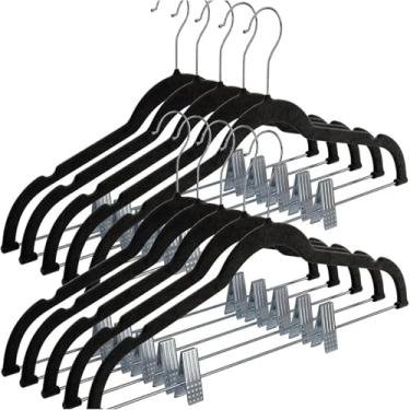 Imagem de Kit 40 Cabide de Veludo Slim com Presilha de Metal Preto Cinza Bege Antiaderente Reforçado Elegante (Preto)