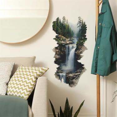 Imagem de sacinora Adesivos de parede com fluxo alpino de floresta de cachoeira, paisagem natural de água da montanha, decalques de parede removíveis de vinil para sala de estar, quarto, sofá, TV, fundo, arte