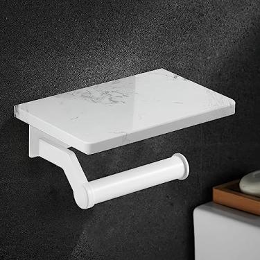 Imagem de Hoimpro Suporte de papel higiênico de alumínio branco com prateleira de mármore natural branco, suporte de armazenamento de rolo de papel de mão para banheiro, cozinha, banheiro, quarto
