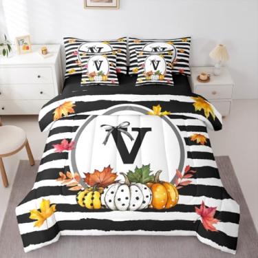 Imagem de Erosebridal Jogo de cama solteiro com letra de colheita de outono com letra V, 7 peças, arco fofo, outono, abóbora, folha de bordo, conjunto de edredom com lençol geométrico listrado preto e branco