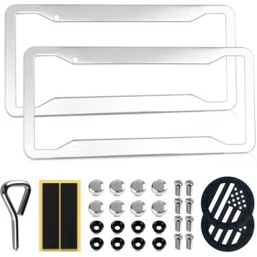 Imagem de Pacote com 2 molduras de placa de carro espelhadas OLLEN brilhante, prata polida, protetor de etiqueta de carro resistente de aço inoxidável, com porta-copos de carro, tampas antifurto, almofadas à