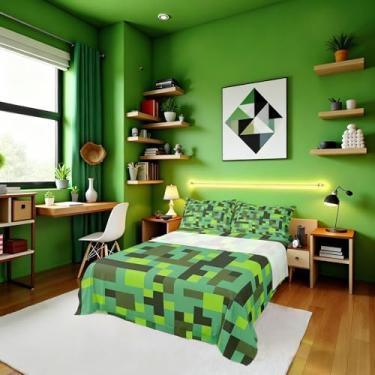 Imagem de Jogo de cama solteiro Pixel Grid Miners, patchwork geométrico, pixelado, fácil de lavar, gamepad, videogame, decoração de quarto infantil, lençol verde ciano (com elástico + 1 fronha)