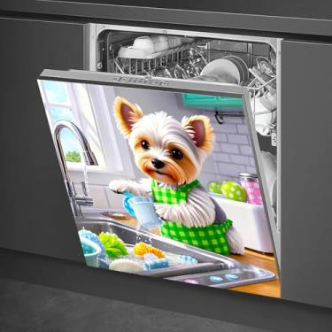Imagem de HOMETITUTE Capa magnética para lava-louças 58 x 66 cm Yorkie em avental xadrez verde capa magnética para lava-louças para decoração de utensílios de cozinha, painel frontal, adesivo rústico para