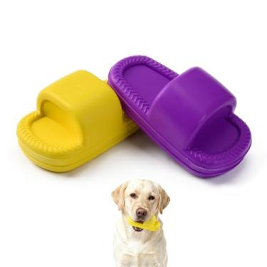 Imagem de MECOOL Brinquedo para cães, 2 peças, chinelos inquebráveis, brinquedos para cães que rangem para dentição, tamanho mastigável, para raças médias e samll, amarelo e roxo