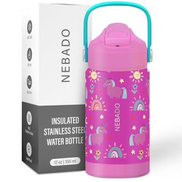 Imagem de NEBADO Garrafa de água infantil isolada de aço inoxidável com canudo 340 g - copo térmico infantil à prova de vazamento para escola, livre de BPA com alça e base de silicone antiderrapante, pode ser