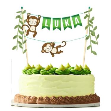 Imagem de Topo de bolo de animais Safari – Topo de bolo de macaco com nome personalizado, faixa de aniversário na selva e zoológico para crianças, decorações de festa de safári