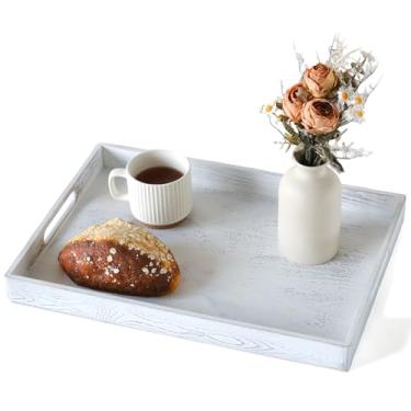 Imagem de Bandeja de madeira branca com alças, bandeja de madeira de 43 cm para otomano, café da manhã, almoço, jantar, bandeja retangular decorativa para sala de estar, balcão de cozinha, ambiente externo