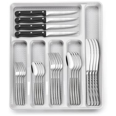 Imagem de Jogo de Talheres de Prata Martelada com Organizador - 49 Peças, Aço Inox de Alta Resistência p/ 8 Pessoas, Inclui Facas de Mesa