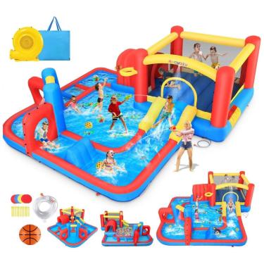 Imagem de Parque Aquático Inflável Gigante 4 em 1 com Tobogã e Piscina de Água, 4,35x4,35 metros, para Diversão Infinita das Crianças,Whubefy