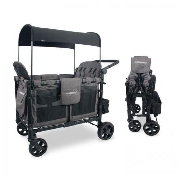 Imagem de Carrinho de Passeio para 4 Crianças Multifuncional com Cobertura Removível e Dobramento, até 136 kg, WONDERFOLD W4, Cinza e Preto